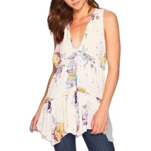 FREE PEOPLE Purple Haze Ruffled Empire Waist Flowy Floral Babydoll Tunic Top SzS